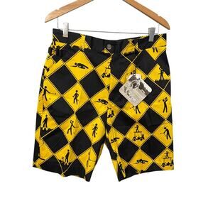 Royal & Awesome Shorts Mens 32 Golf Swing Under Construction Yellow Black